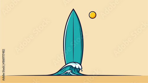 A turquoise surfboard standing upright on a wave with a sunny beach background with surfing and ocean and leisure and summer and vacation and recreation