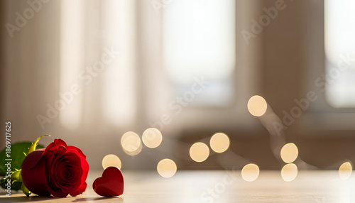 Valentine’s Day card styled with red roses and gentle lighting conveys romance and affection, captured in a bright interior scene with calm tones and generous negative space.