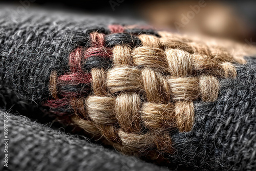 A close-up macro shot of a textile surface, revealing interwoven fibers and threads.  