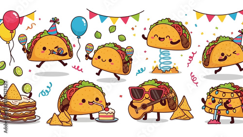 A vibrant celebration featuring anthropomorphic tacos enjoying a festive atmosphere with decorations and food, captured from a straightforward viewpoint.