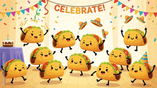 Tacos celebrating a joyful party on a vibrant stage with festive decorations and streamers