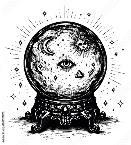 Hand drawn line art illustration of a crystal ball depicting mystical symbols for fortune telling