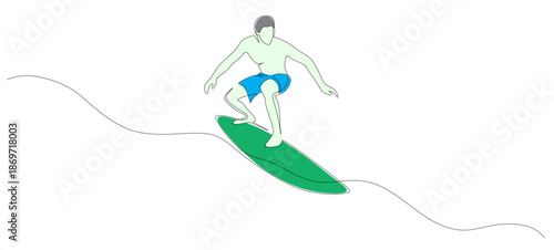 Continuous line art of a man surfing on a rushing wave. Beach sports concept. Vector illustration with beautiful colors.