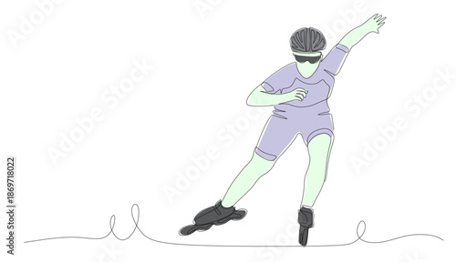 Continuous line art of a woman running on roller skates. Roller skating competition sports concept. Vector illustration with beautiful colors.