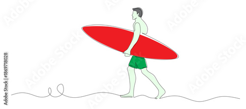 Continuous line art of a man carrying a surfboard and ready to surf. Beach sports concept. Vector illustration with beautiful colors.