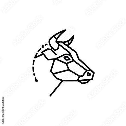 A minimalist geometric line art illustration of a bull's head with a dashed line indicating movement.