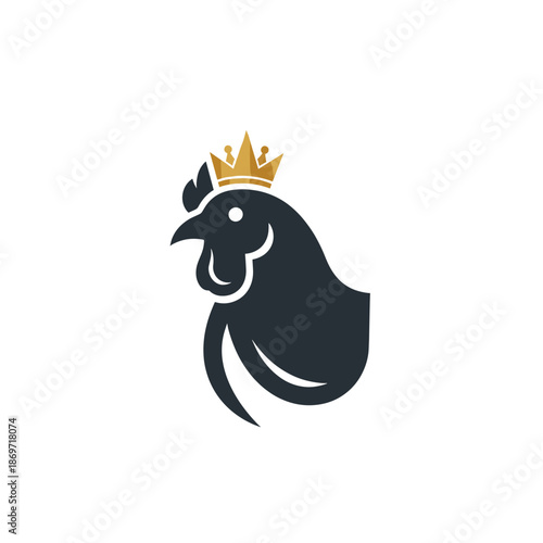 A stylized dark silhouette of a chicken's head wearing a golden crown.