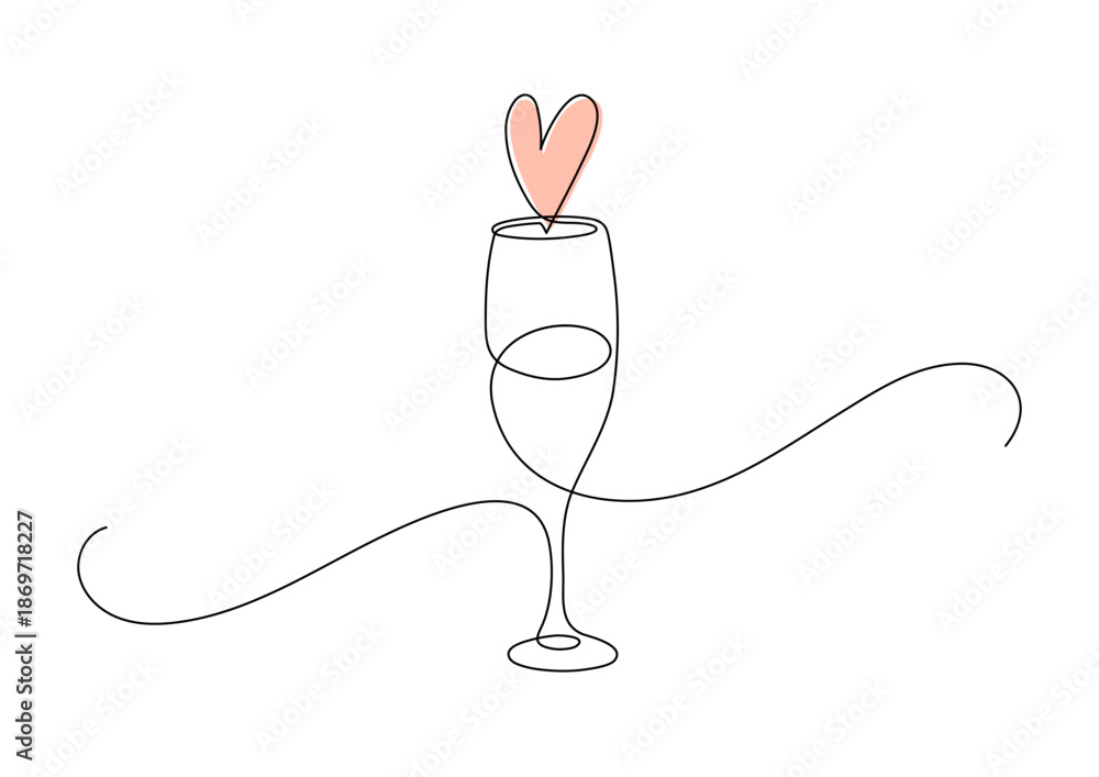 Obraz premium Glass of champagne, or wine with heart. Love, wedding frame border. Continuous line drawing.