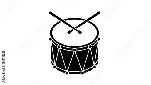 Black Snare Drum with Drumsticks Isolated on White Background