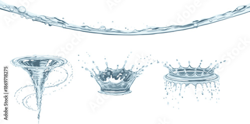 Realistic clear water splash collection with vortex swirl, liquid droplets, crown splashes, and flowing water wave isolated on white