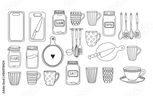 collection of various kitchen utensils and dishes, food , drink icons,  cute cartoon style illustration, various lighting, fixtures ,decorative items, hand drawn doodle design