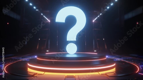 Giant illuminated question mark glowing on a futuristic stage with neon lights and dramatic lighting