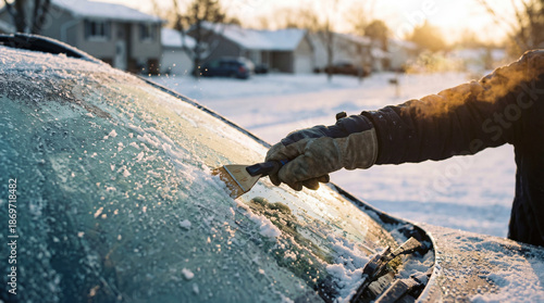 Wallpaper Mural Person scraping ice from windshield in winter setting with sun rising in background. Winter scene features frosty car and snow-covered ground. Torontodigital.ca