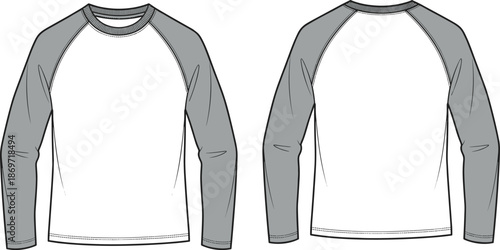 Long-sleeve raglan shirt technical sketch, front and back view, contrast sleeves, neckline seam, garment shaping lines - flat vector illustration