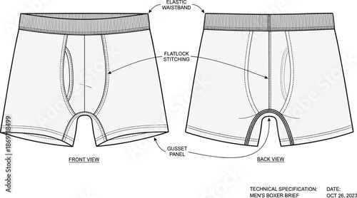 Men’s boxer brief technical sketch, front and back view, elastic waistband, gusset panel, flatlock stitching - flat vector illustration