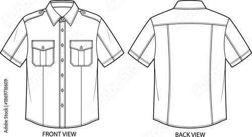 Short-sleeve button-up shirt technical sketch, front and back view, fashion template, garment construction drawing, epaulet detail - flat vector illustration