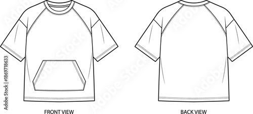 Short-sleeve raglan shirt technical sketch, front and back view, kangaroo pocket, diagonal sleeve seams - flat vector illustration