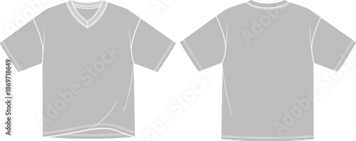 Short-sleeve shirt technical sketch, V-neck and round neck styles, front and back view, seam detail - flat vector illustration