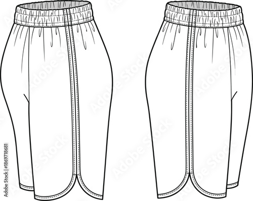 Side-view shorts technical sketch, elastic waistband, curved hem, double stitching, seam detail, tailoring lines - flat vector illustration