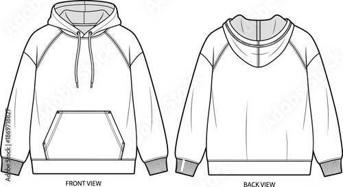 Hooded sweatshirt technical sketch, front and back view, raglan sleeves, kangaroo pocket, drawstring hood, stitching detail - flat vector illustration