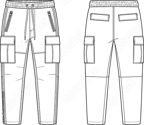 Cargo jogger pants technical sketch, front and back view, elastic waistband, flap pockets, tapered leg - flat vector illustration