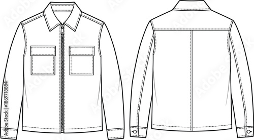 Long-sleeve button-up shirt technical sketch, front and back view, chest pockets, pointed collar, seam detail - flat vector illustration