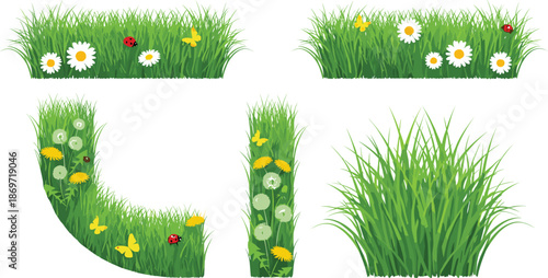 Collection of green grass borders with daisies, dandelions, butterflies, and ladybugs in various decorative shapes and arrangements