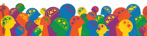 Silhouettes of various brain structure seamless banner. Neurodivergent spectrum awareness concept. Different heads, minds and thinking. Cognitive differences inclusion vector flat illustration.