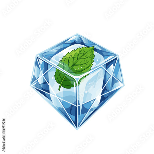 A stylized, faceted blue ice cube with a fresh green mint leaf frozen perfectly inside, isolated on a white background.