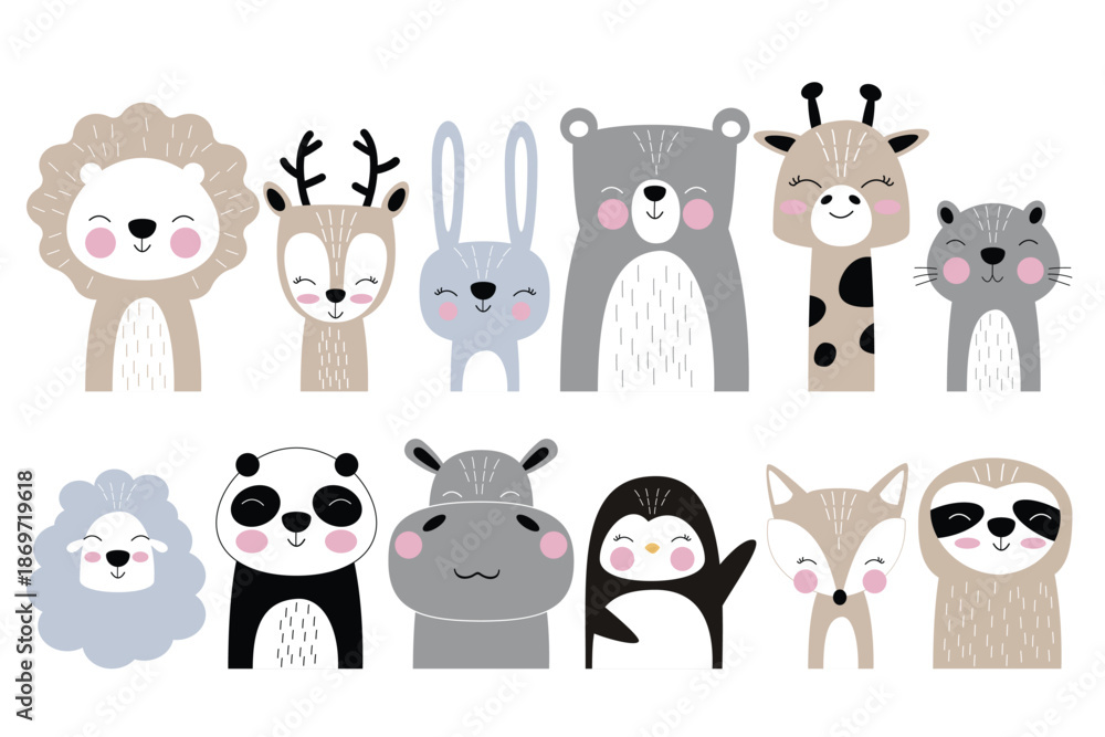 Fototapeta premium Adorable cartoon animals—lion, deer, rabbit, bear, giraffe, raccoon, sheep, panda, hippo, penguin, fox, sloth—drawn in soft pastel tones with pink cheeks and friendly expressions. Ideal for kids.