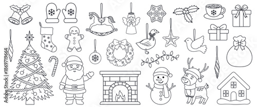 Christmas line art illustration set with festive elements: Santa, tree, wreath, ornaments, gifts, winter characters. Clean black outline style for coloring pages, prints, holiday design. Hand drawn.
