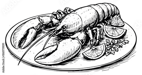 Hand drawn line art illustration of a lobster on a plate depicting it served with lemon and parsley for a seafood menu