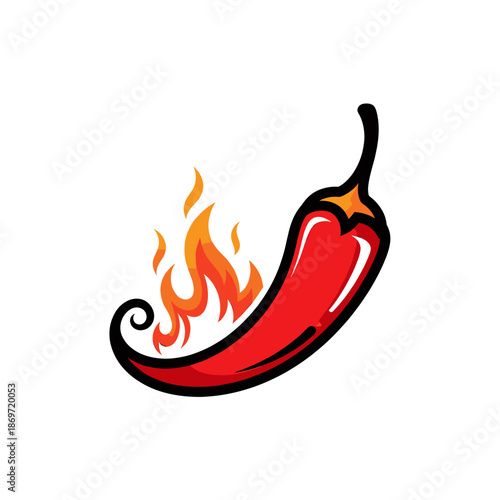 A vibrant red chili pepper with stylized orange and yellow flames emanating from its side, illustrating spiciness.