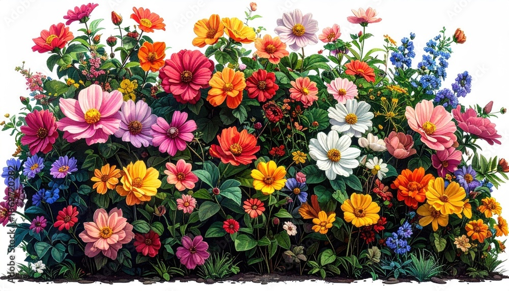 Fototapeta premium Vibrant Flower Garden in Full Bloom Displaying Pink Red Orange Yellow and White Petals with Green Foliage Background Detailed Outdoor Nature Scene