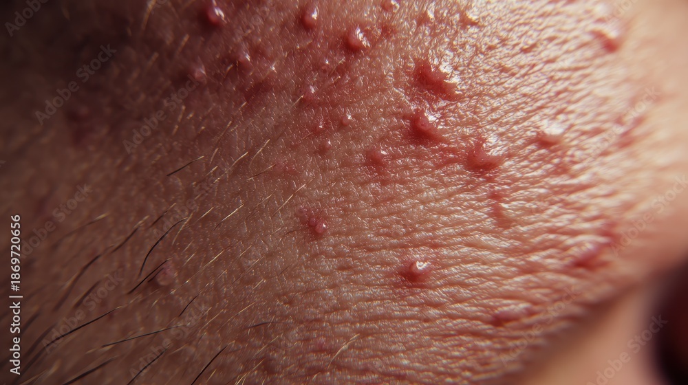 Fototapeta premium Intense close up of irritated skin featuring red blemishes and whiteheads highlighting texture and imperfections related to dermatology and skincare