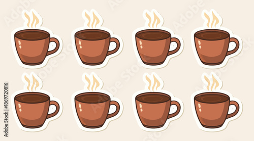 Vector template set of sticker characters featuring a steaming hot cup of chocolate with a flat design style, incorporating a bold color scheme and minimalis