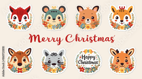Vector illustration of a Merry Christmas and New Year stickers collection, featuring cute animals with distinctive facial features and bright expressive eyes
