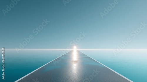 Symmetrical road leading to horizon between mountains symbolizing future direction journey focus and calm visionary progress, Generative AI