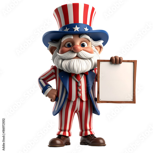 Symbol of Patriotism: An illustrated Uncle Sam figure, resplendent in his iconic attire, holds a blank sign, symbolizing opportunities for messages of freedom and unity.