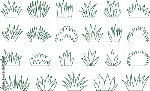 Garden Grass & Bush Outline Icon Set  Tufts, Lawns & Meadow Doodles