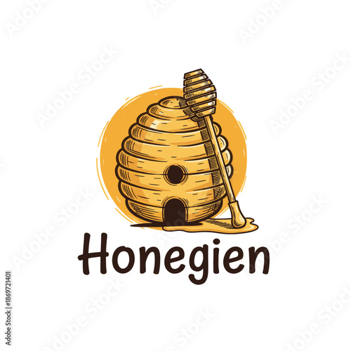 A stylized illustration of a beehive with a honey dipper, representing the brand Honegien.