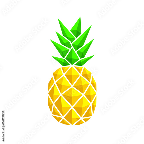 A vibrant, low-poly illustration of a ripe pineapple with a green leafy crown against a white background.