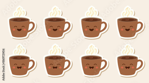 Vector template set of sticker characters featuring a steaming hot cup of chocolate with a flat design style, incorporating a bold color scheme and minimalis