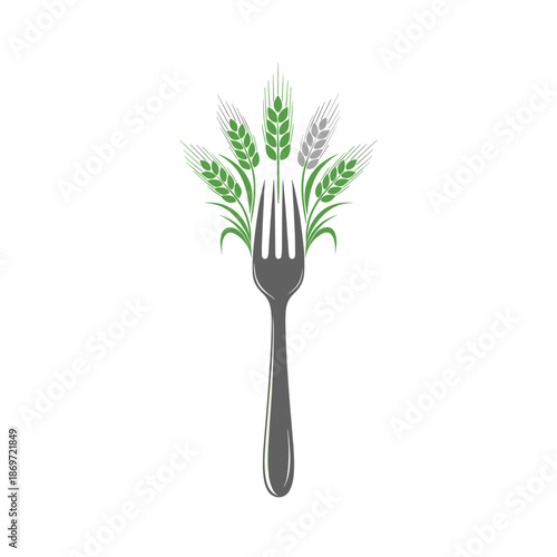 A fork with green wheat stalks growing out of it, symbolizing healthy food and agriculture.