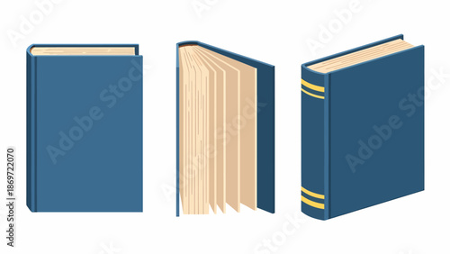 Three blue books displayed from different viewpoints on a white background