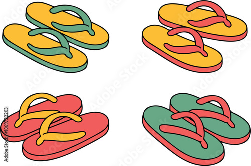 Summer Flip Flop Outline Icon Set  Beach Slippers & Sandals
