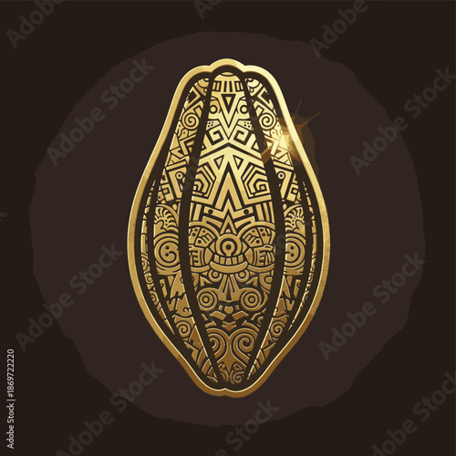 Golden cacao pod with intricate tribal patterns on a dark background, symbolizing ancient culture and rich flavor.