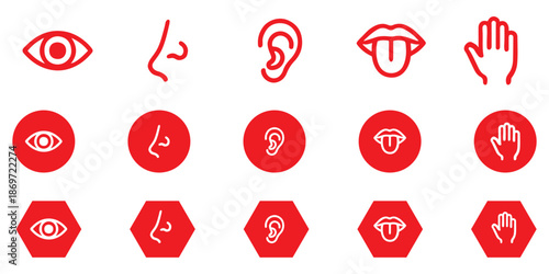 Human senses icon set. Vision eye, smell nose, hearing ear, touch hand, taste mouth with tongue. Simple line icons and black circle. Five senses of human nervous system. Vector illustration.