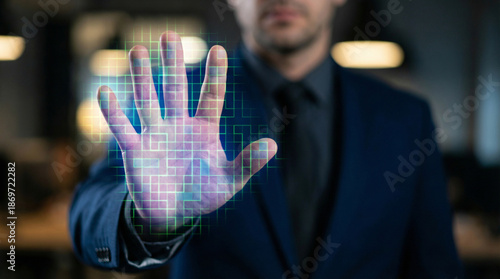 Person hand identified technology. Data analyze innovation. Pixel grid online decoder program. Algorithm digital transformation