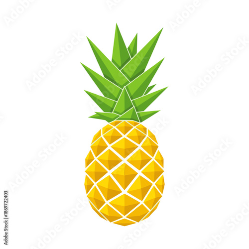 Stylized geometric pineapple fruit with a vibrant yellow body and spiky green leaves on a clean white background.